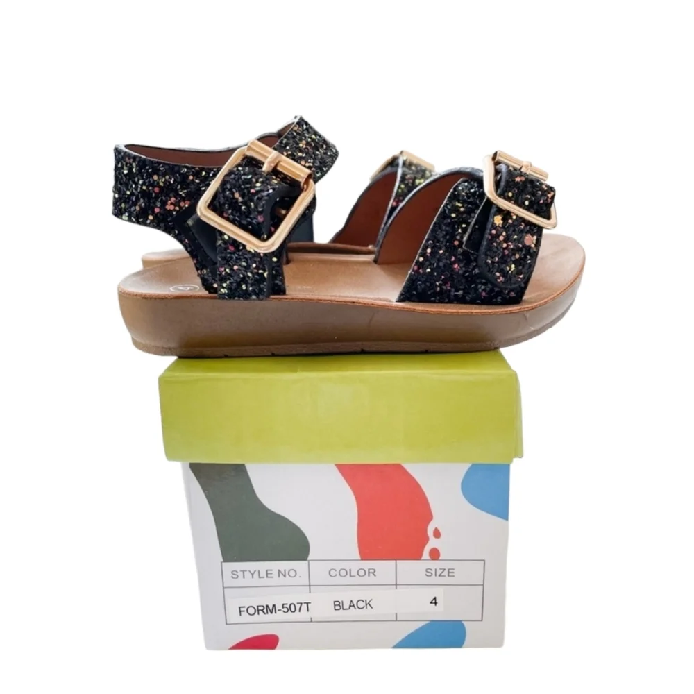 Little Star Toddler Girl Black Glittery Buckle Strap Open Toe Sandals, 4